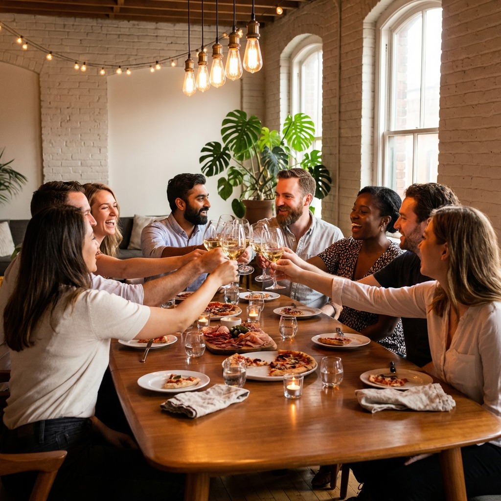 Diverse business owners toasting with wine glasses at a dinner party in Dallas, Dallas County, TX. Monstera Marketing