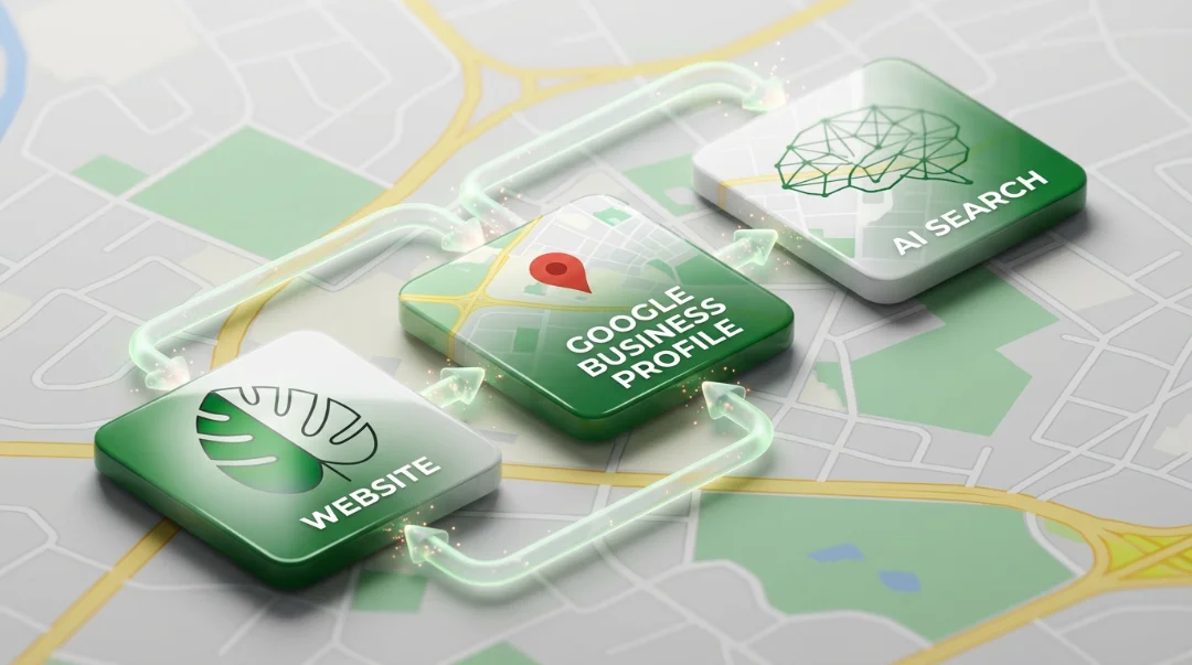 Monstera Method framework diagram showing website, Google Business Profile, and AI search optimization working as one unified system